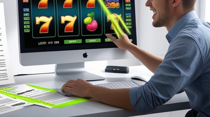 A player at a desktop screen showing spinning slot reels